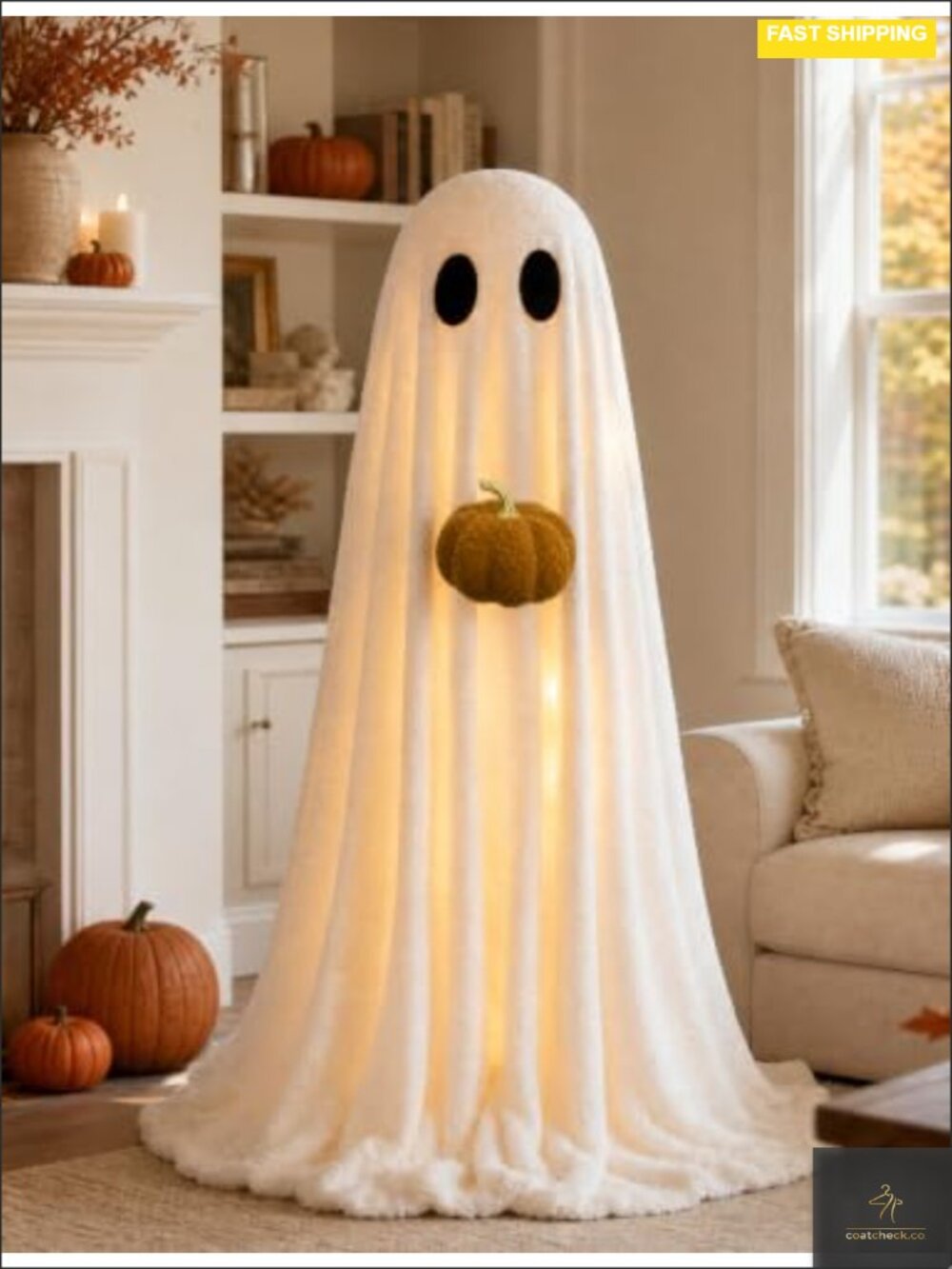 Sherpa Ghost Halloween Decoration with Lights and Pumpkin